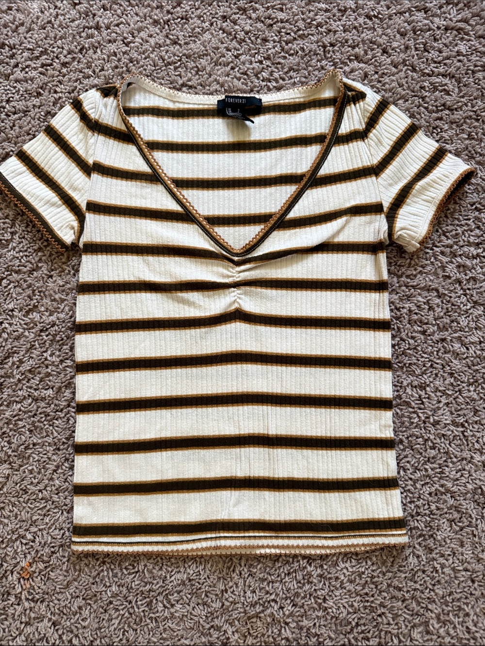 Forever 21 Cream and Olive Striped V-Neck Ribbed Short Sleeve Tee